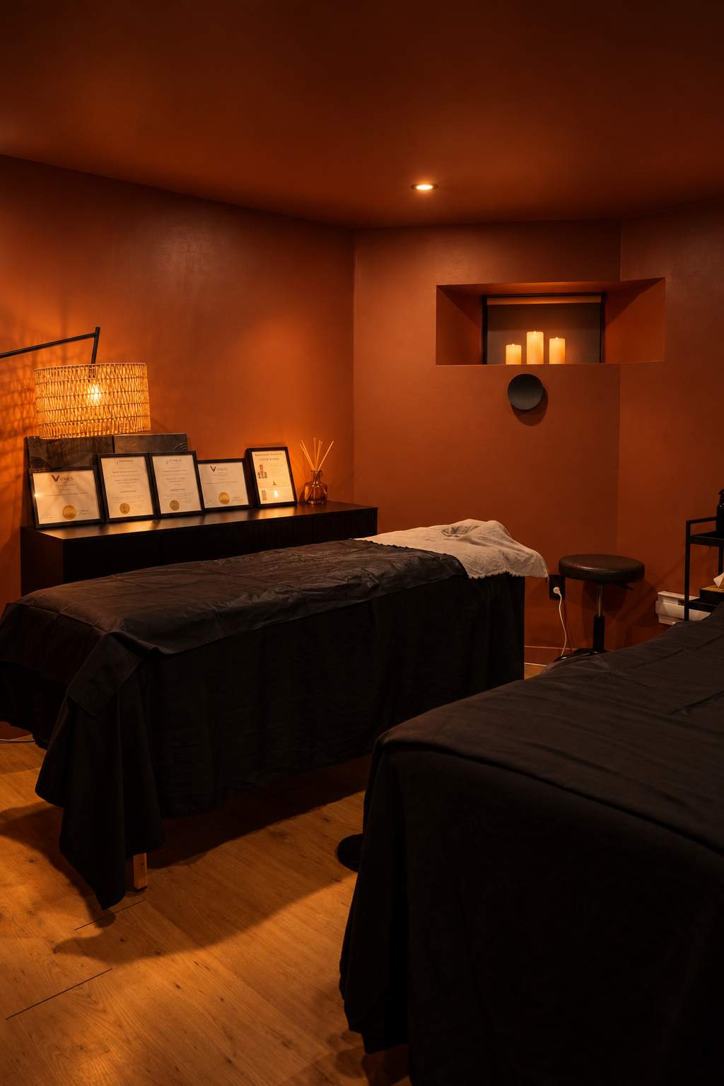 Two massage beds in our softly lit private treatment room