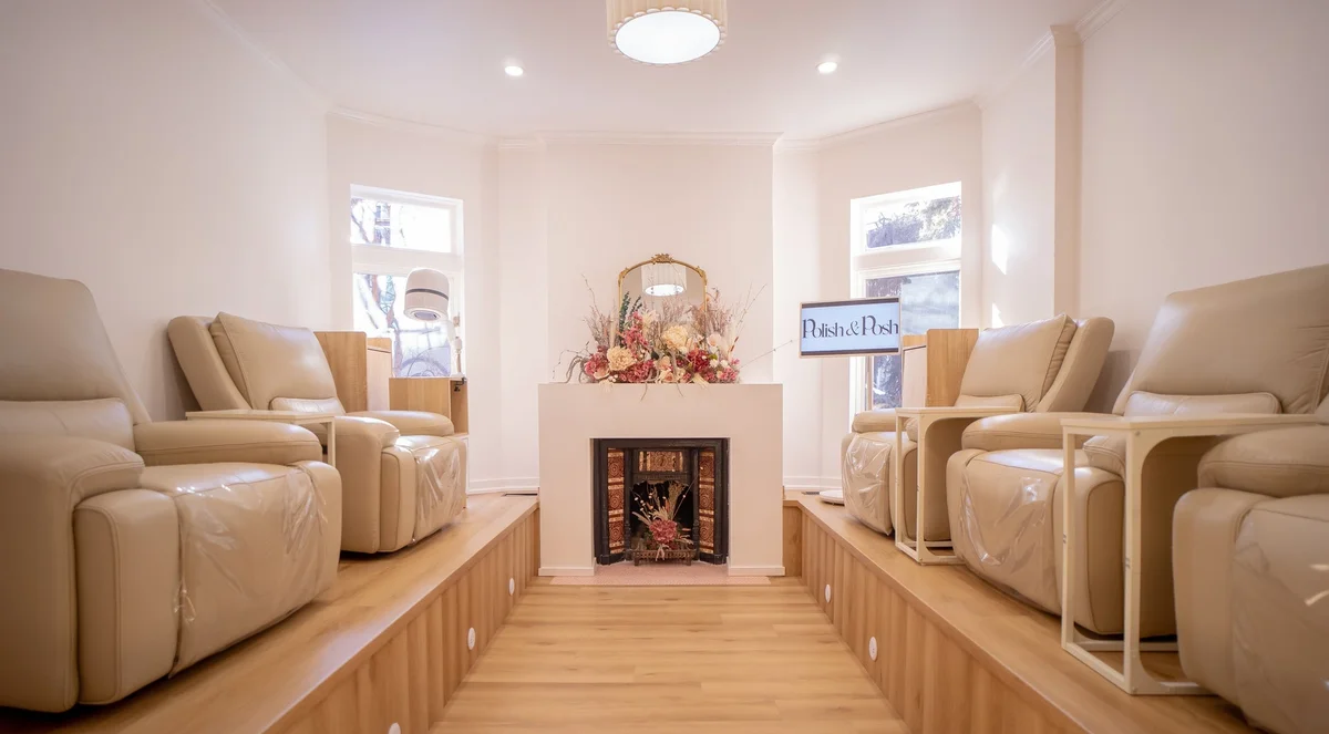 The fireplace and pedicure recliners at Polish & Posh